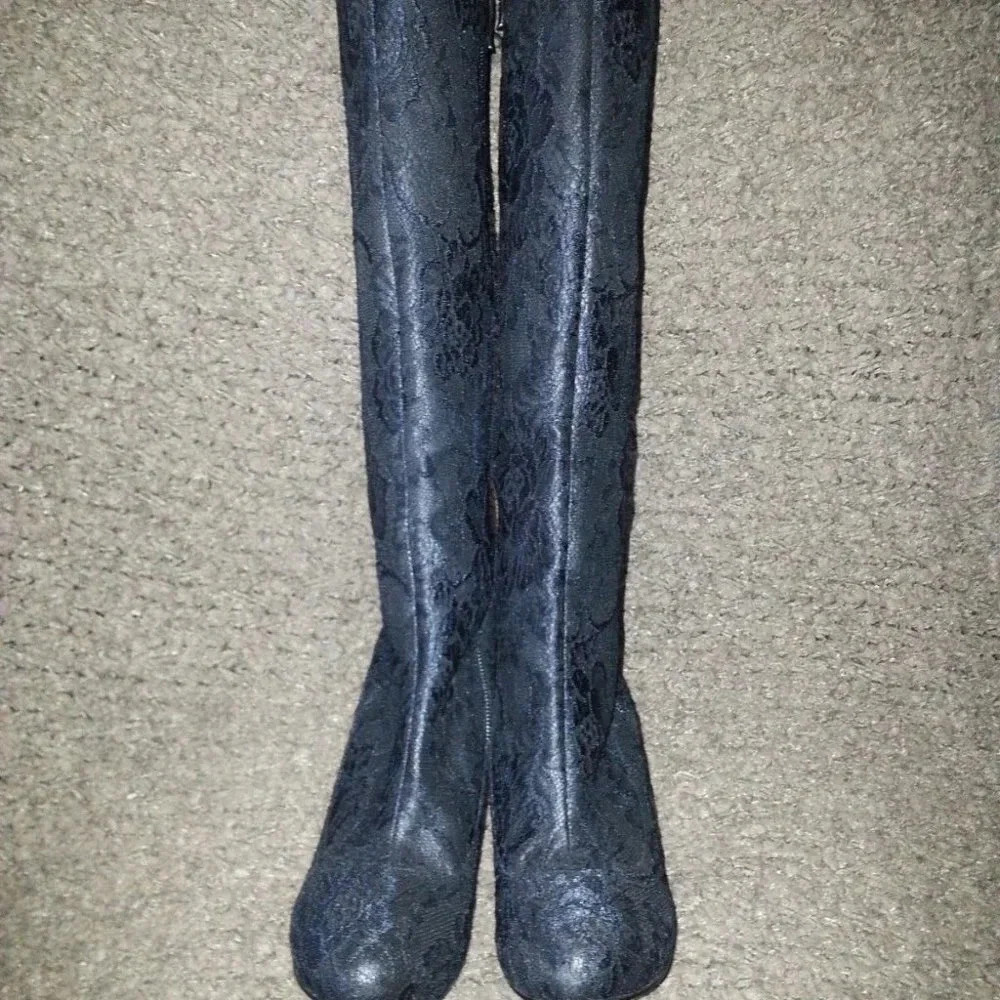 MARCIANO-Black Lace Overlay-Black Leather-Stiletto Boots-Size 5.5-Near Mint - Picture 2 of 7